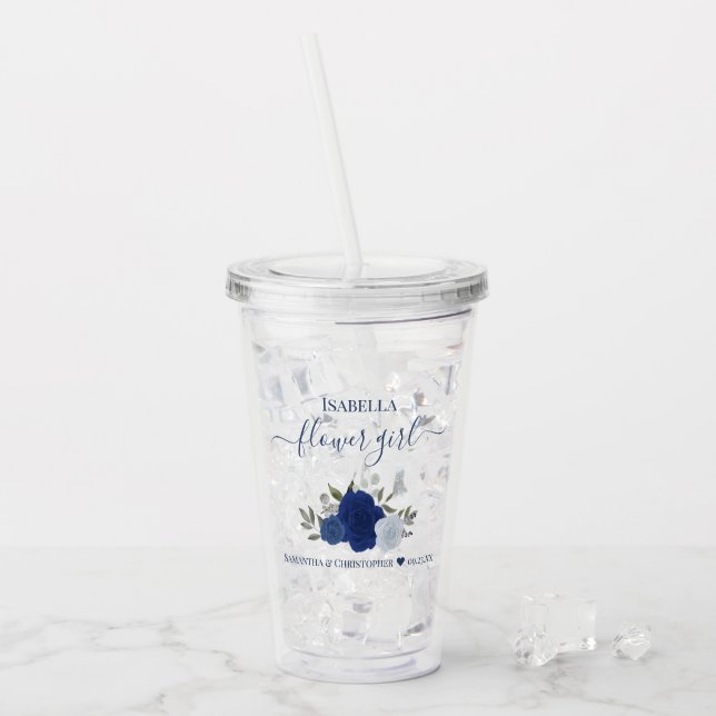 Blue Boho Chic Roses Elegant Flower Girl Wedding Acrylic Tumbler (Front Ice)