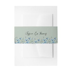 Blue Boho Chic Wildflowers Sage Green Wedding Invitation Belly Band