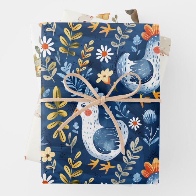 Blue boho chicken nursery seamless pattern wrapping paper sheet (In situ)