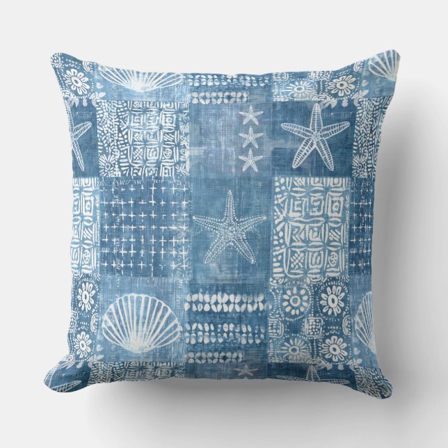 Blue Boho Coastal Throw Pillow (Front)