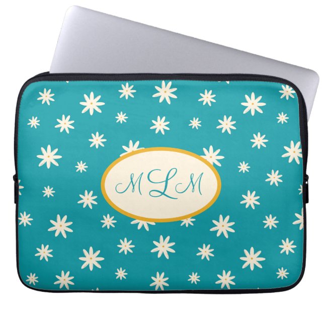 Blue Boho Daisy Monogramed Custom  Laptop Sleeve (Front)