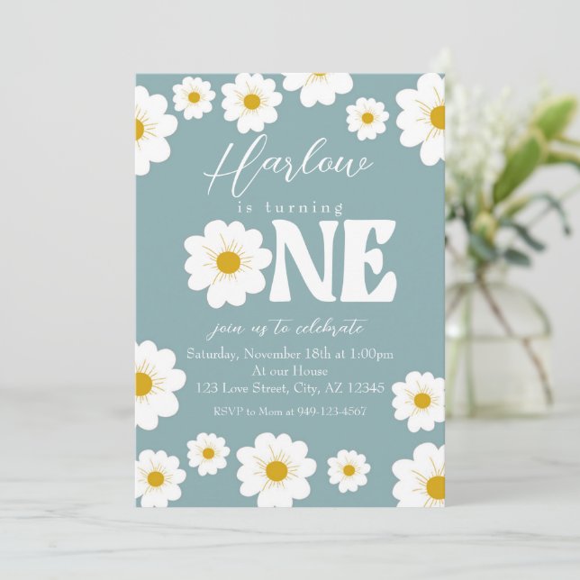 Blue Boho Daisy One Girl's first Birthday Invitation (Standing Front)