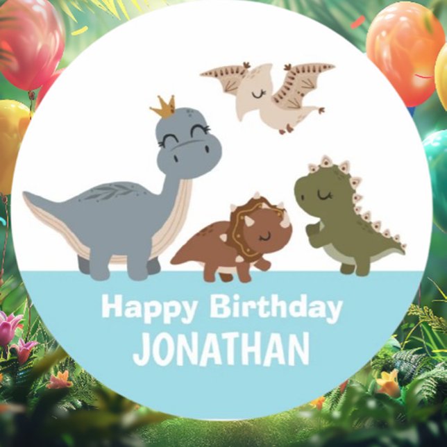 Blue Boho Dinosaur Birthday Party Classic Round Sticker (Add a touch of whimsy to your little one's space with our blue Boho dinosaur baby sticker! )