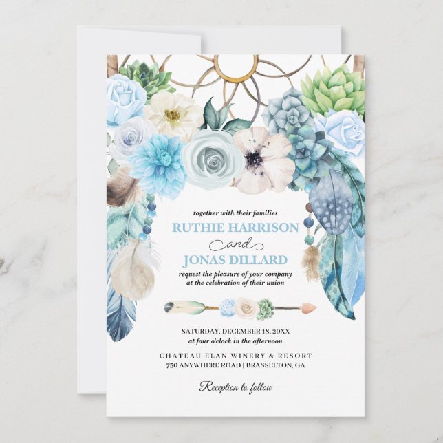 Blue Boho Dreamcatcher Wedding Invitation (Front)