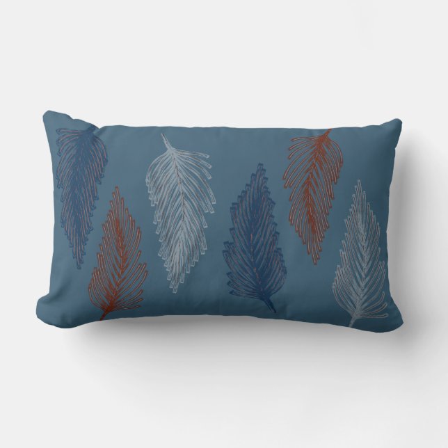 Blue Boho Feather Lumbar Pillow (Front)