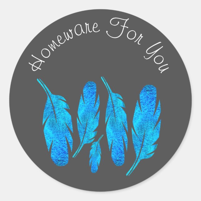 Blue boho feathers blue and grey classic round sticker (Front)