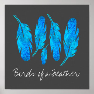 Blue boho feathers blue and grey poster