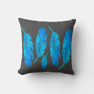 Blue boho feathers blue and grey throw pillow