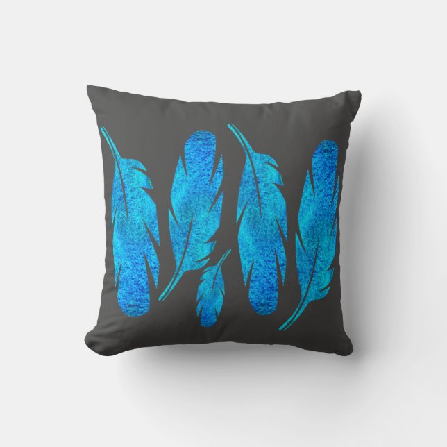 Blue boho feathers blue and grey throw pillow (Front)