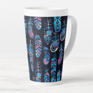 Blue Boho Feathers Pattern Latte Mug