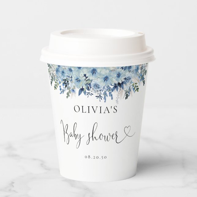 Blue Boho Floral Baby Shower Paper Cup (Front)