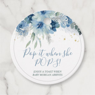 Blue Boho Floral Baby Shower Pop It Favor Tags