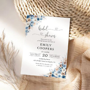Blue Boho Floral Bridal Shower  Invitation