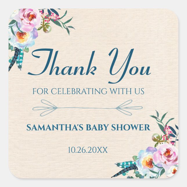 Blue Boho Floral Feather Baby Shower Thank You Square Sticker (Front)