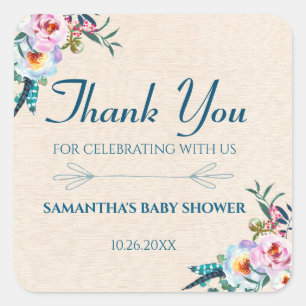Blue Boho Floral Feather Baby Shower Thank You Square Sticker
