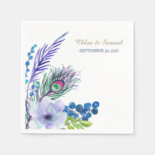 Blue Boho Floral Feather Wedding Napkin