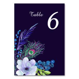 Blue Boho Floral Feather Wedding Table Number