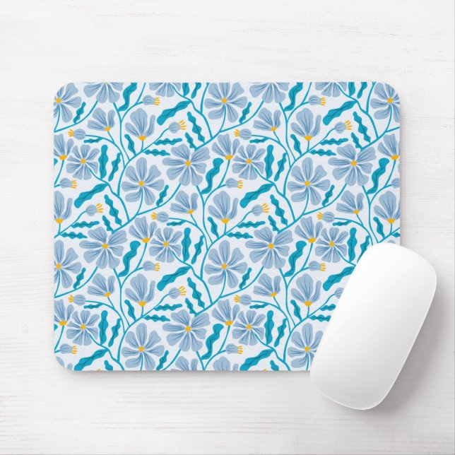 Blue Boho Floral Pattern Mouse Pad (With Mouse)