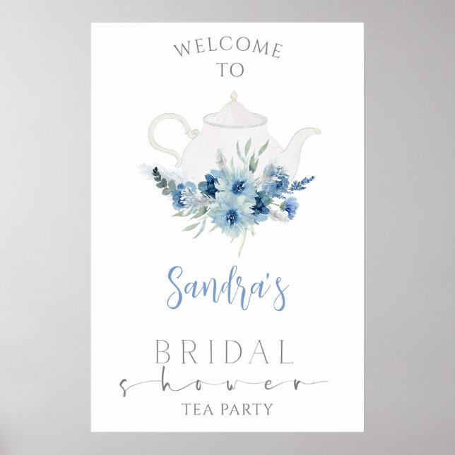 Blue Boho Floral Tea Party Bridal Shower Welcome Poster (Front)