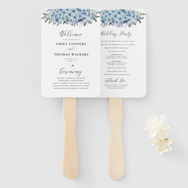 Blue Boho Floral Wedding Program Hand Fan (Front and Back)