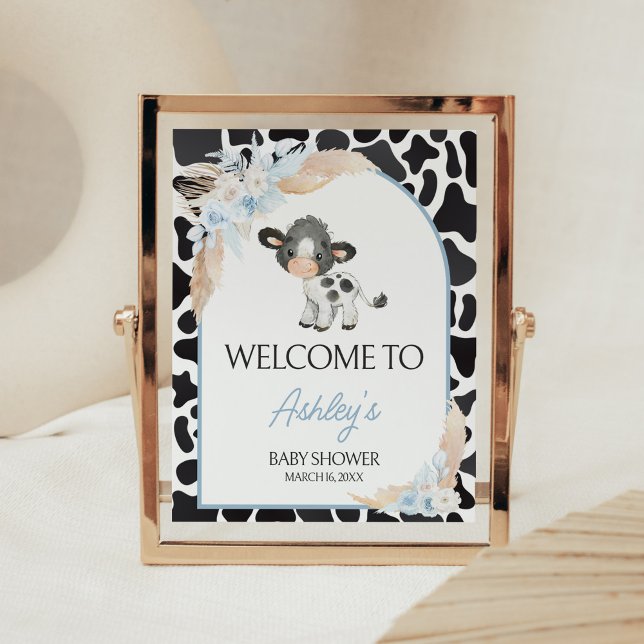 Blue Boho Highland Cow Baby Shower Welcome Poster (Bohemian Floral Farm Baby Shower Welcome Sign)