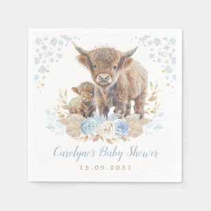 Blue Boho Highland Cow Boy Baby Shower Napkin