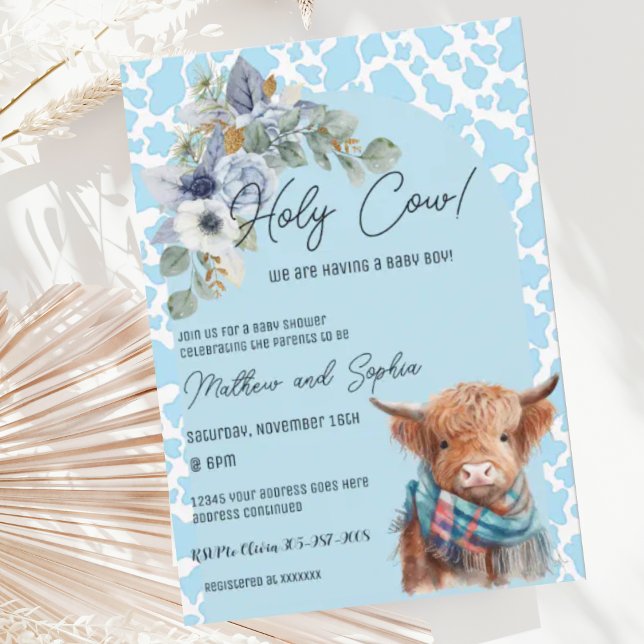 Blue Boho Holy Cow Boy Baby Shower Invitation (Creator Uploaded)