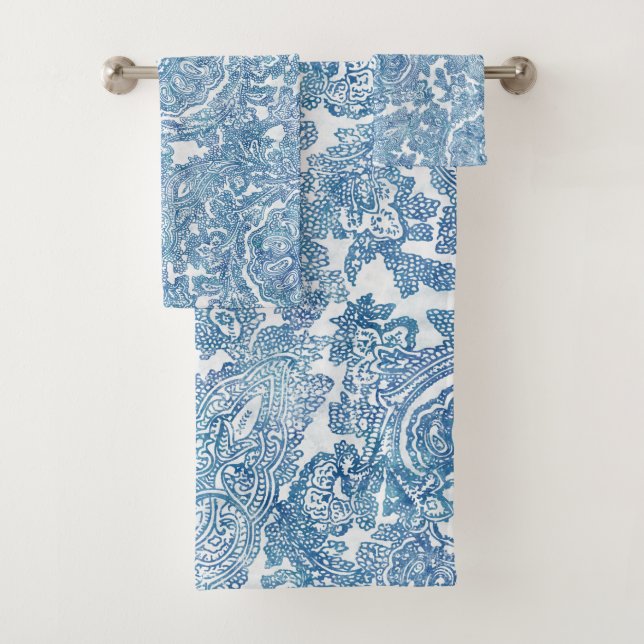 Blue Boho Lace Paisley Pattern  Bath Towel Set (Insitu)
