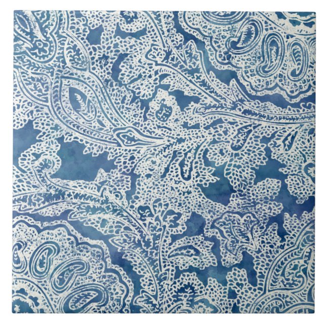 Blue Boho Lace Paisley Pattern Tile (Front)