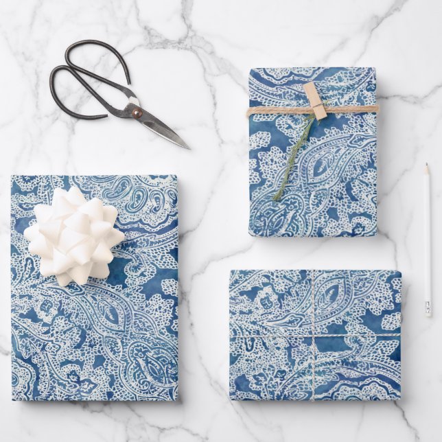 Blue Boho Lace Paisley Pattern Wrapping Paper Sheet (Front)