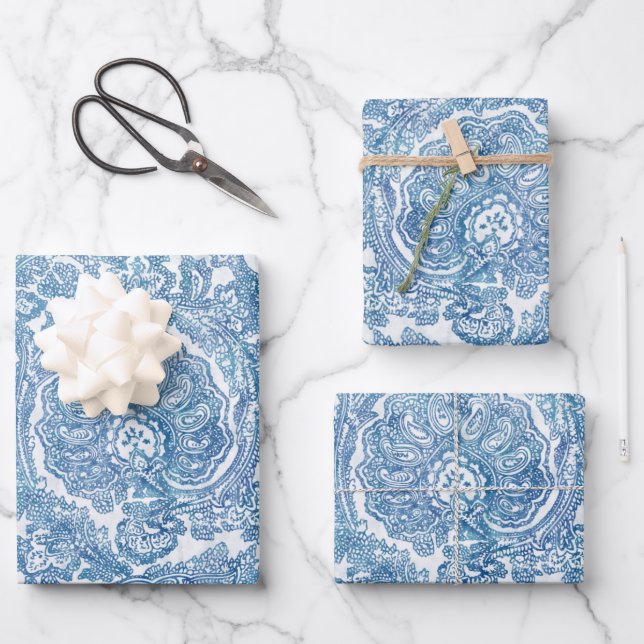 Blue Boho Lace Paisley Pattern  Wrapping Paper Sheet (Front)