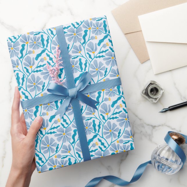 Blue Boho Mid Century Modern Floral Pattern Wrapping Paper (Gifting)