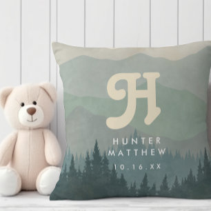 Blue Boho Monogram Mountain & Forest Retro Nursery Throw Pillow