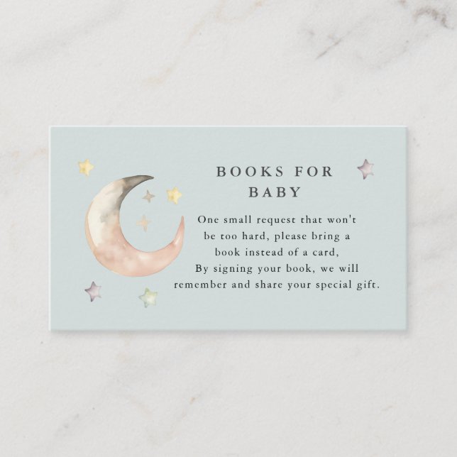 Blue Boho Over the moon Book request Baby shower   Enclosure Card (Front)