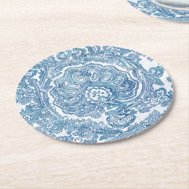 Blue Boho Paisley Pattern  Round Paper Coaster (Angled)