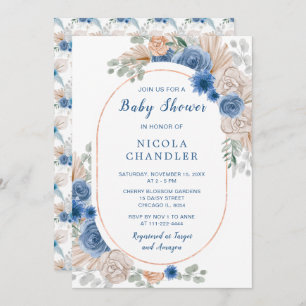 Blue Boho Pampas Grass Baby Shower Invitation