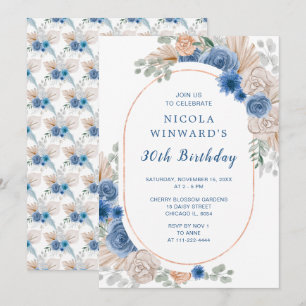 Blue Boho Pampas Grass Birthday Party Invitation