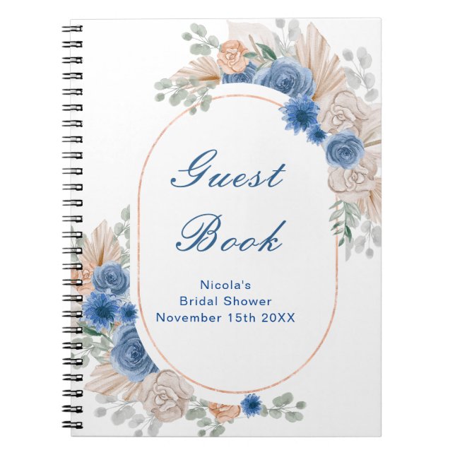 Blue Boho Pampas Grass Bridal Shower Guest  Notebook (Front)