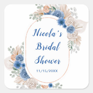 Blue Boho Pampas Grass Bridal Shower Square Sticker