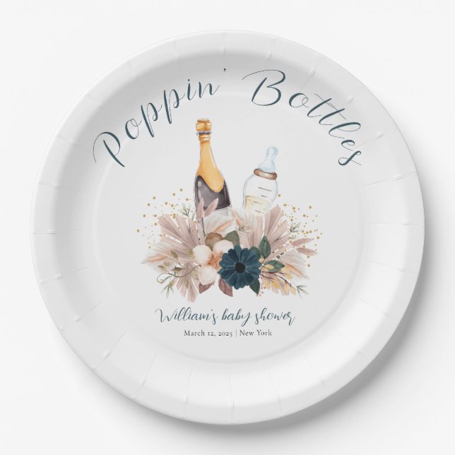 Blue Boho Poppin Champagne Bottles Baby Shower  Paper Plate (Front)