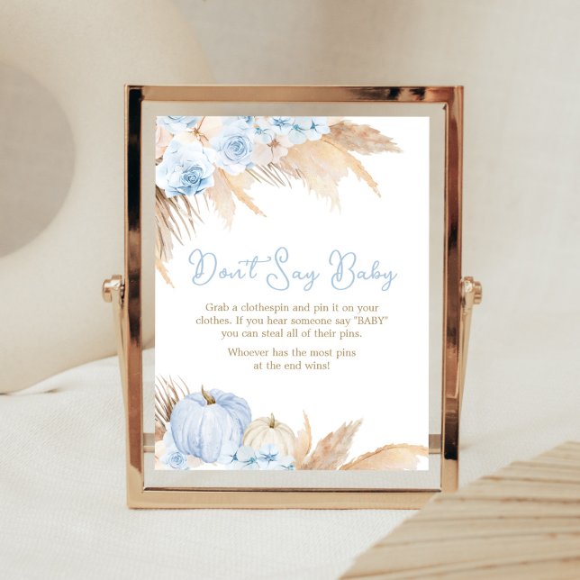 Blue Boho Pumpkin Baby Shower Don't Say Baby Poster (Boy Little Pumpkin Baby Shower Don't Say Baby Sign)