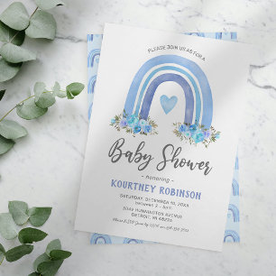 Blue Boho Rainbow Boy Baby Shower Invitation