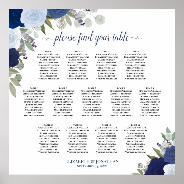 Blue Boho Roses 13 Table Wedding Seating Chart (Front)