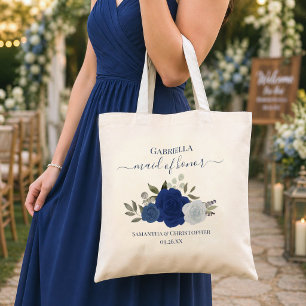 Blue Boho Roses Elegant Maid of Honour Wedding Tote Bag