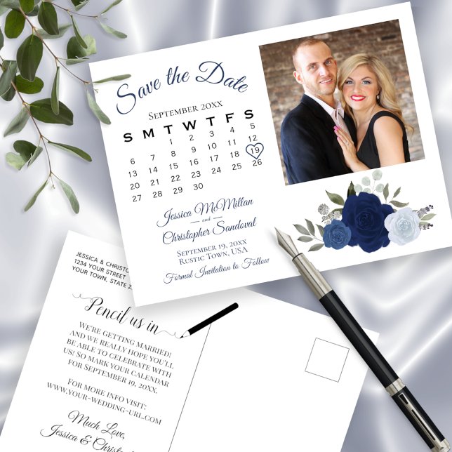 Blue Boho Roses Photo & Calendar Save the Date Announcement Postcard (Creator Uploaded)