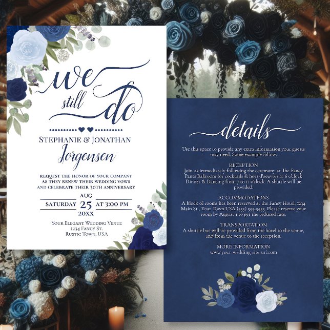 Blue Boho Roses We Still Do Vow Renewal & Details Invitation (Front/Back)