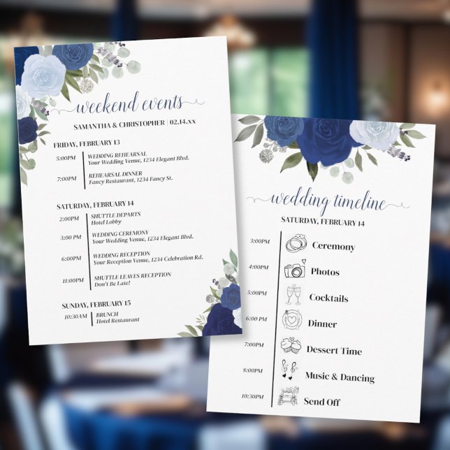 Blue Boho Roses Wedding Events & Timeline Program (Front/Back)