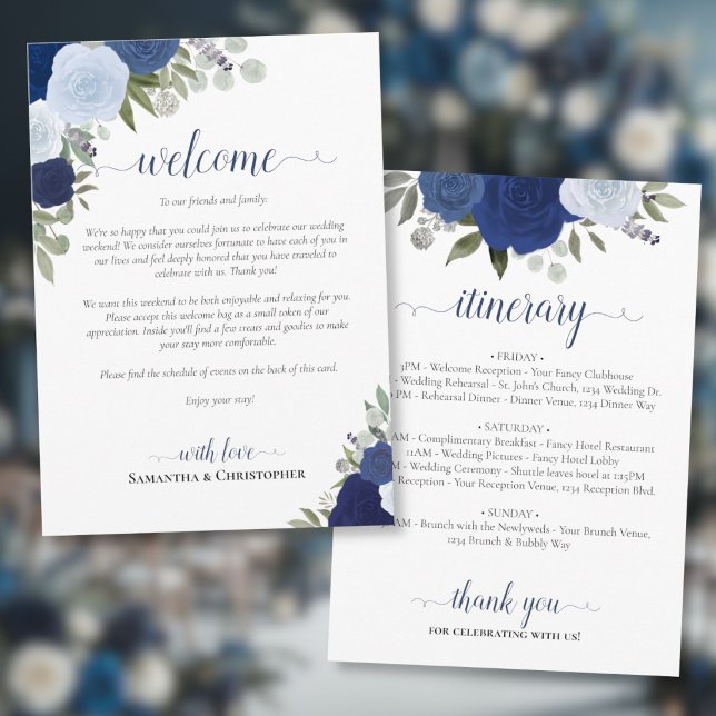 Blue Boho Roses Wedding Welcome & Itinerary Program (Front/Back)