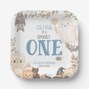 Blue Boho Spooky One 1st Birthday Cute Ghost  Paper Plate
