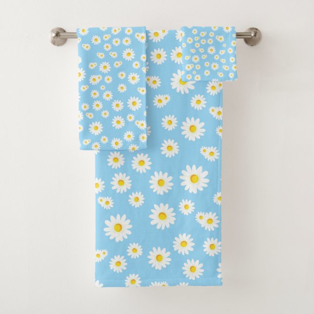 Blue Boho Spring Daisies Pattern Bath Towel Set (Insitu)